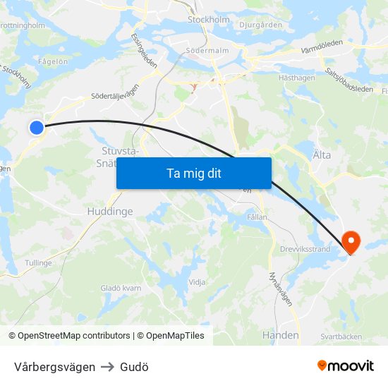 Vårbergsvägen to Gudö map