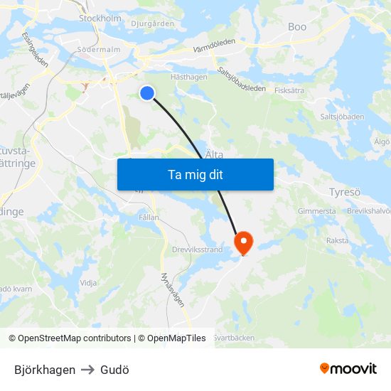 Björkhagen to Gudö map