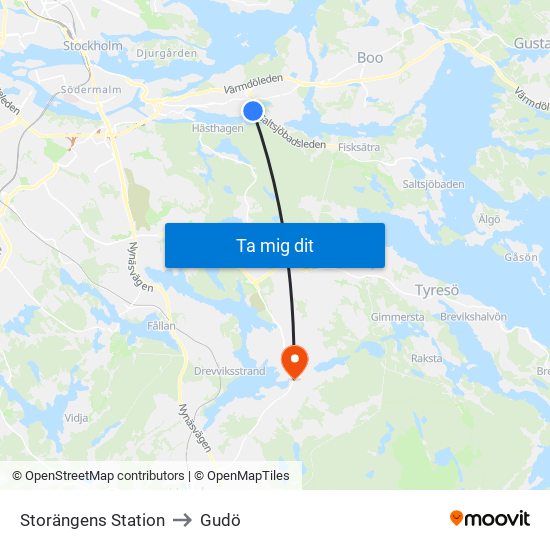 Storängens Station to Gudö map