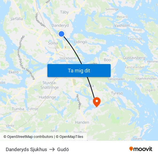 Danderyds Sjukhus to Gudö map