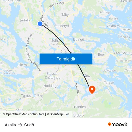 Akalla to Gudö map
