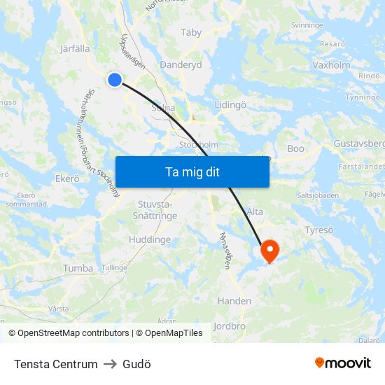 Tensta Centrum to Gudö map