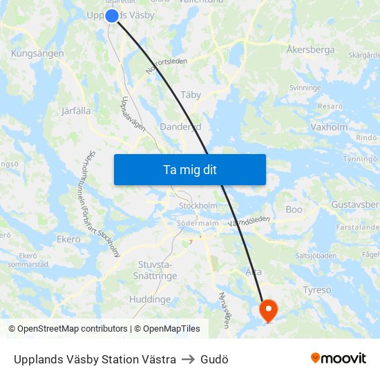 Upplands Väsby Station Västra to Gudö map