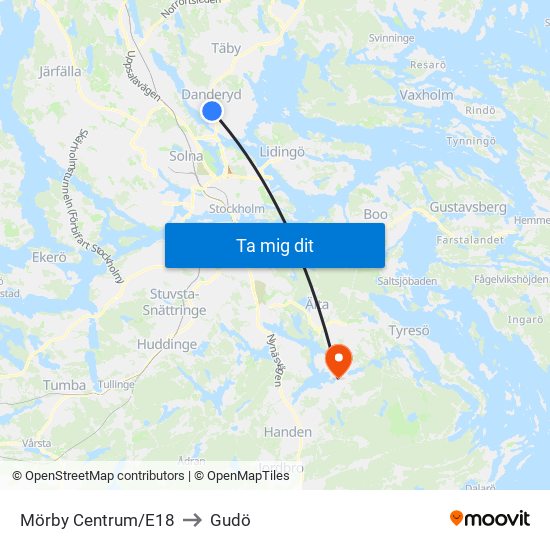 Mörby Centrum/E18 to Gudö map