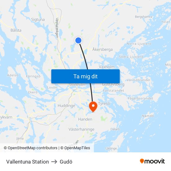 Vallentuna Station to Gudö map