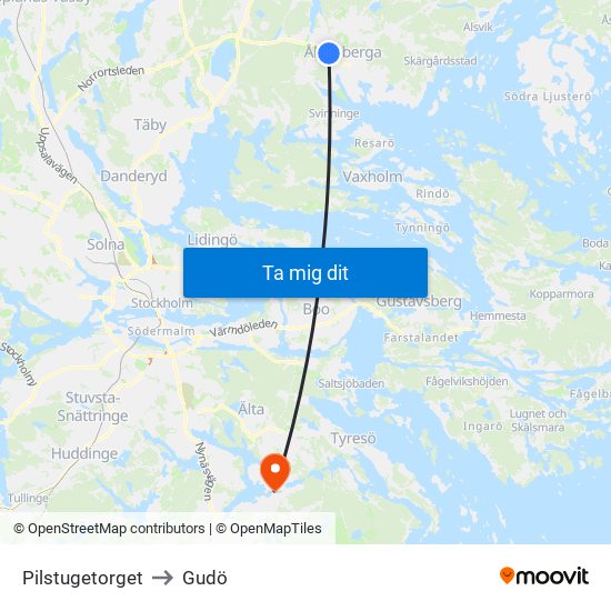 Pilstugetorget to Gudö map