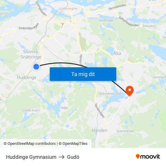 Huddinge Gymnasium to Gudö map