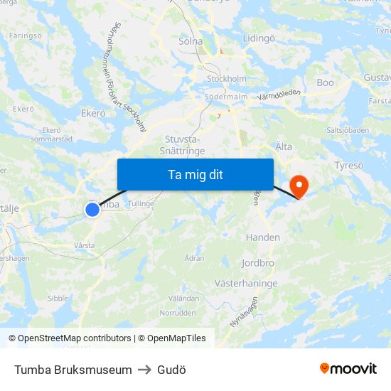 Tumba Bruksmuseum to Gudö map