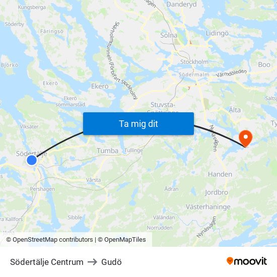 Södertälje Centrum to Gudö map