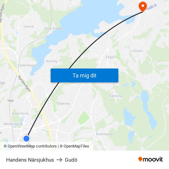 Handens Närsjukhus to Gudö map