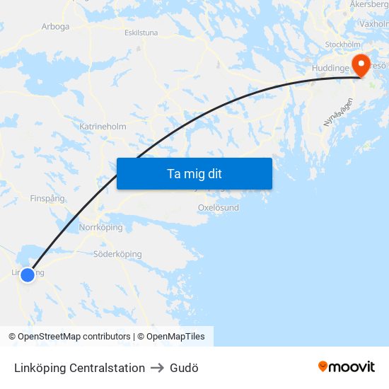 Linköping Centralstation to Gudö map