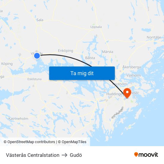 Västerås Centralstation to Gudö map