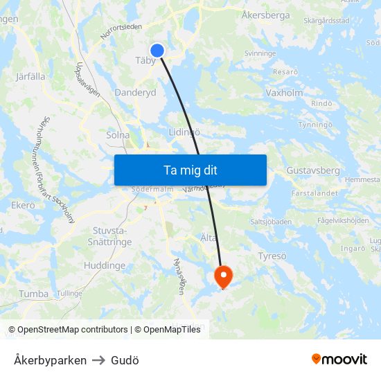 Åkerbyparken to Gudö map