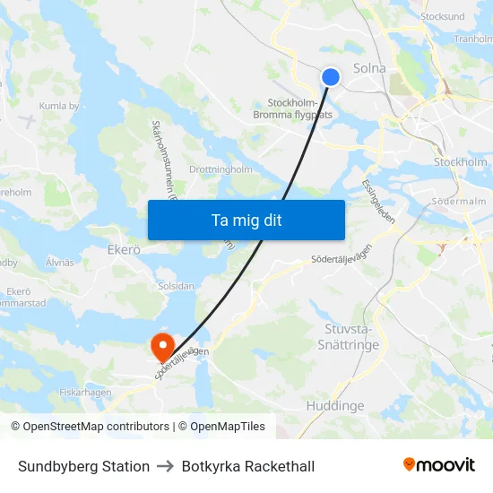 Sundbyberg Station to Botkyrka Rackethall map