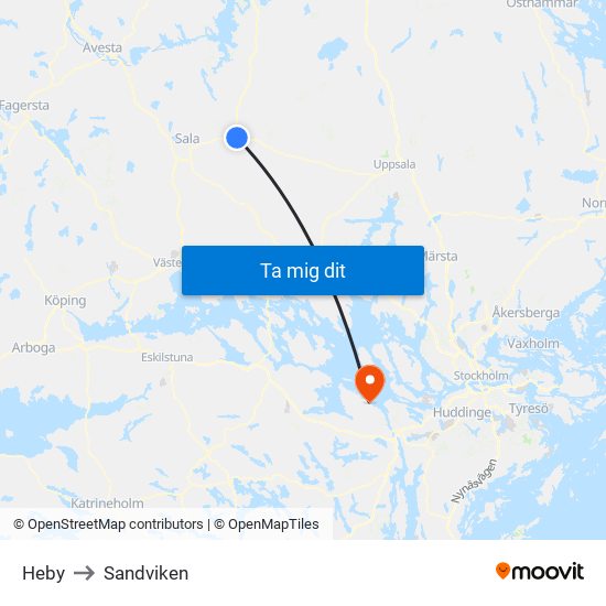 Heby to Sandviken map