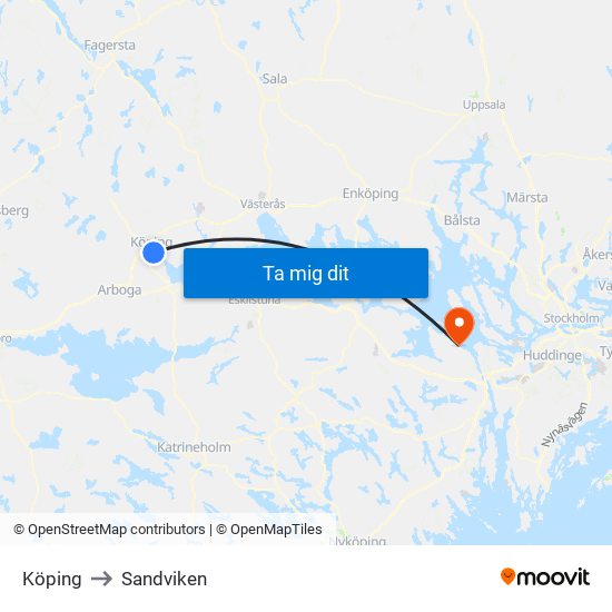 Köping to Sandviken map