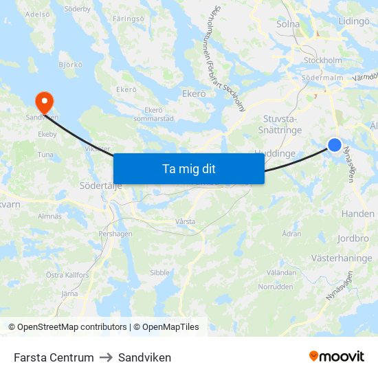 Farsta Centrum to Sandviken map