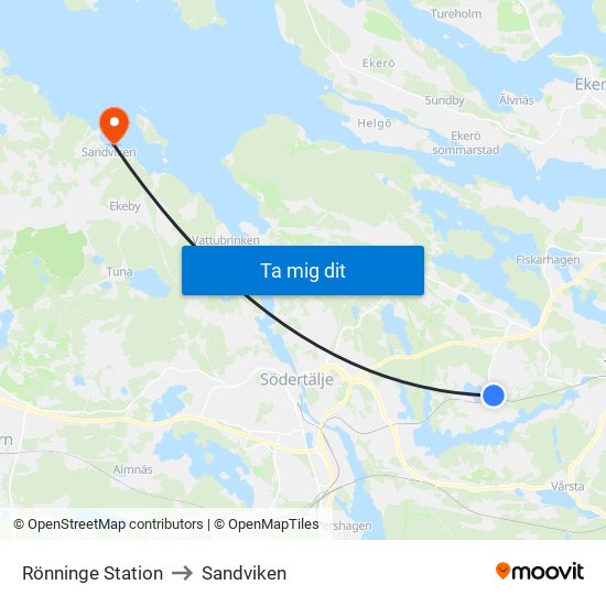 Rönninge Station to Sandviken map