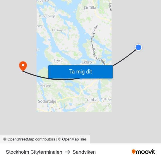 Stockholm Cityterminalen to Sandviken map