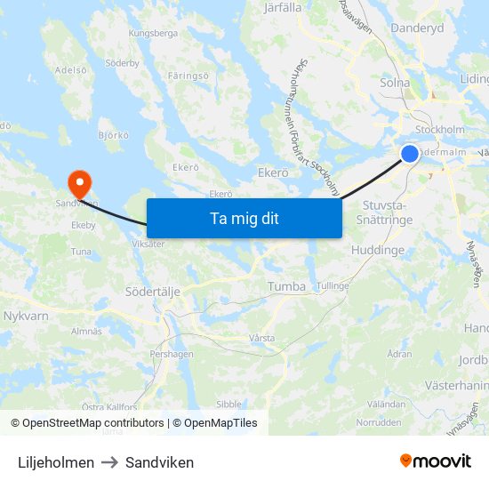Liljeholmen to Sandviken map