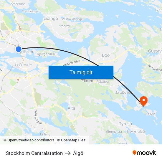 Stockholm Centralstation to Älgö map