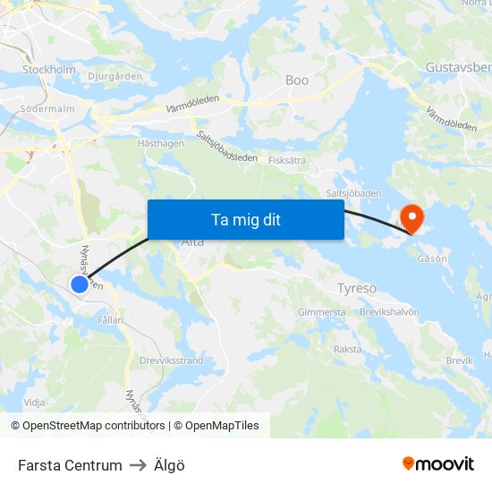 Farsta Centrum to Älgö map