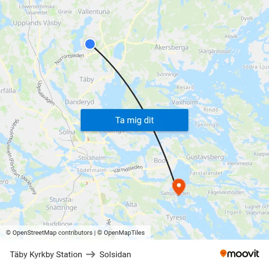Täby Kyrkby Station to Solsidan map