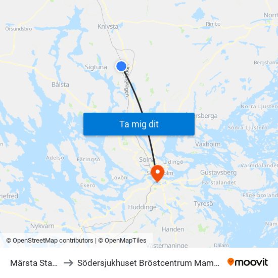 Märsta Station to Södersjukhuset Bröstcentrum Mammografi map