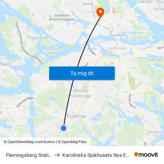 Flemingsberg Station to Karolinska Sjukhusets Nya Entré map