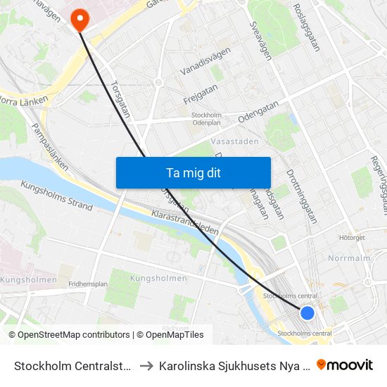 Stockholm Centralstation to Karolinska Sjukhusets Nya Entré map