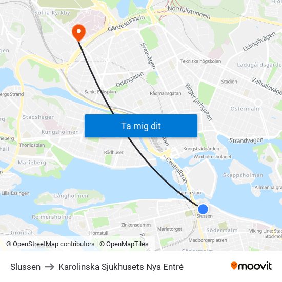 Slussen to Karolinska Sjukhusets Nya Entré map