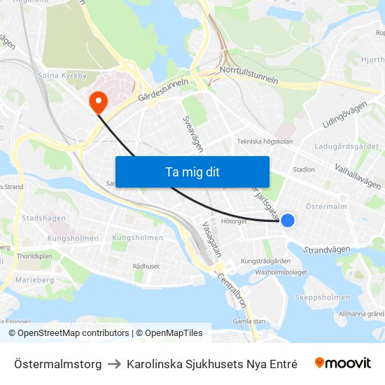 Östermalmstorg to Karolinska Sjukhusets Nya Entré map