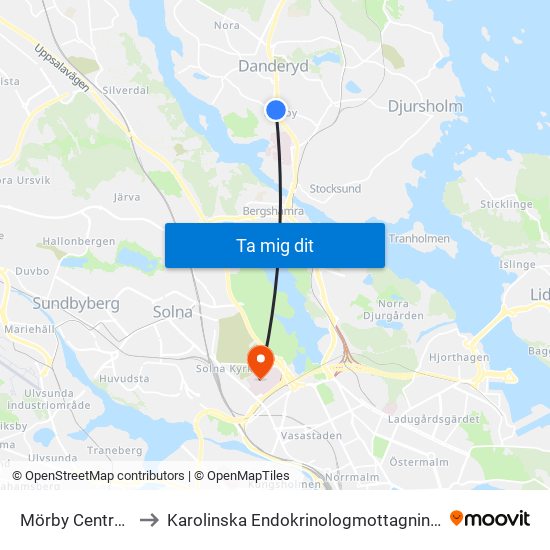 Mörby Centrum to Karolinska Endokrinologmottagningen map