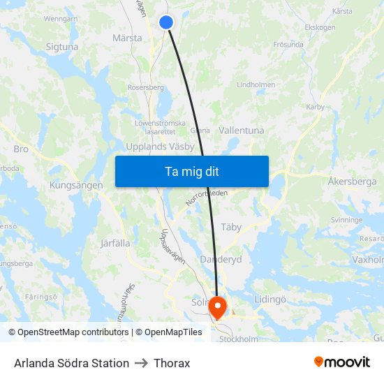 Arlanda Södra Station to Thorax map