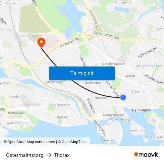 Östermalmstorg to Thorax map