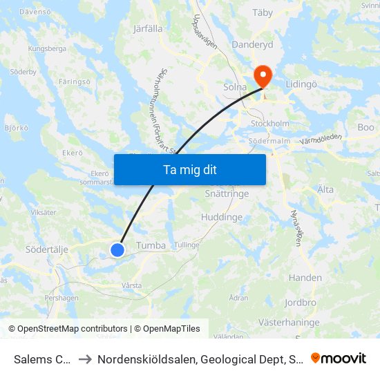 Salems Centrum to Nordenskiöldsalen, Geological Dept, Stockholm University map