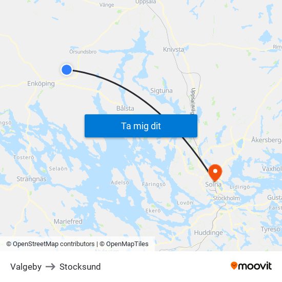 Valgeby to Stocksund map