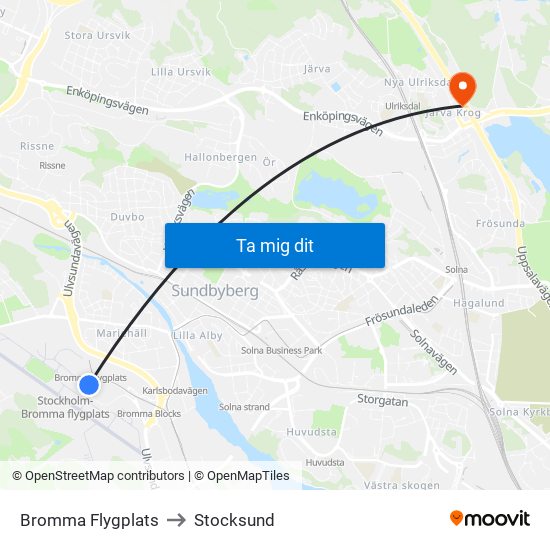 Bromma Flygplats to Stocksund map