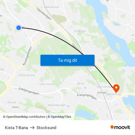 Kista T-Bana to Stocksund map