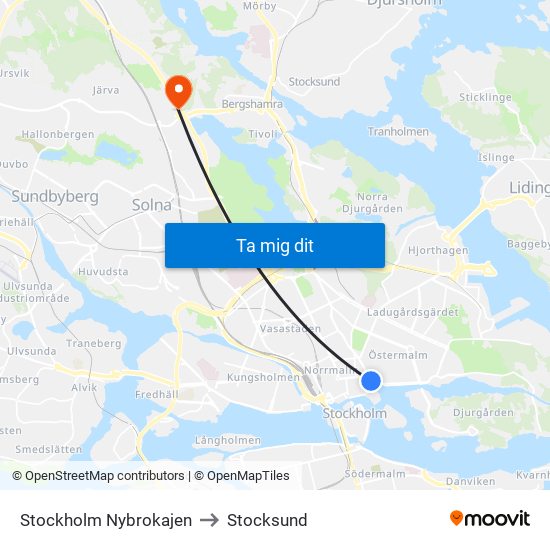 Stockholm Nybrokajen to Stocksund map