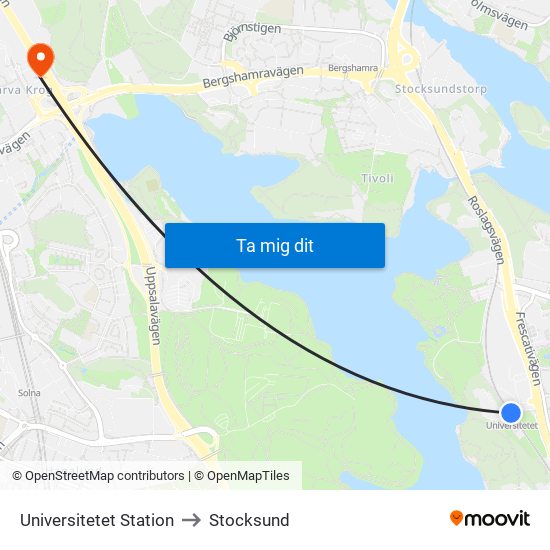 Universitetet Station to Stocksund map
