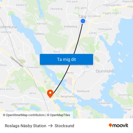 Roslags Näsby Station to Stocksund map