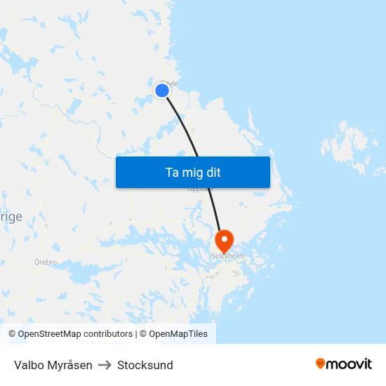 Valbo Myråsen to Stocksund map