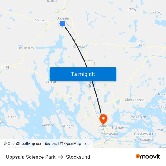 Uppsala Science Park to Stocksund map