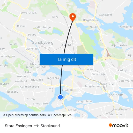 Stora Essingen to Stocksund map
