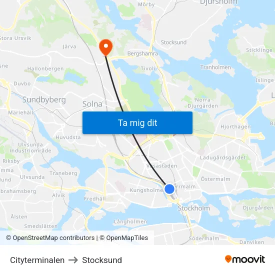 Cityterminalen to Stocksund map