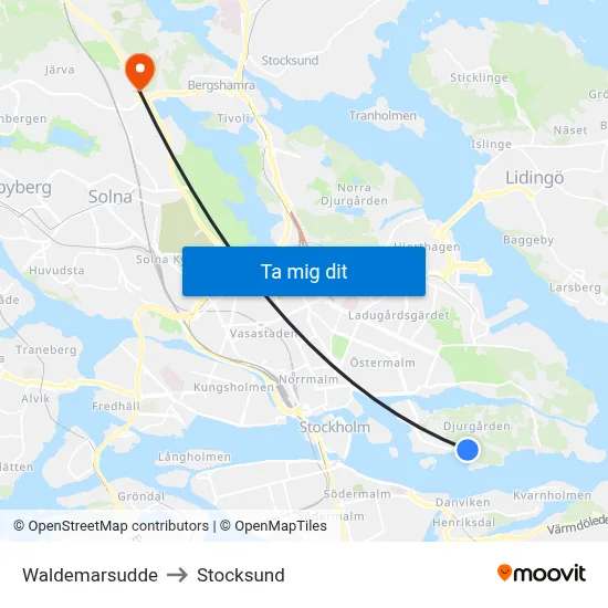 Waldemarsudde to Stocksund map
