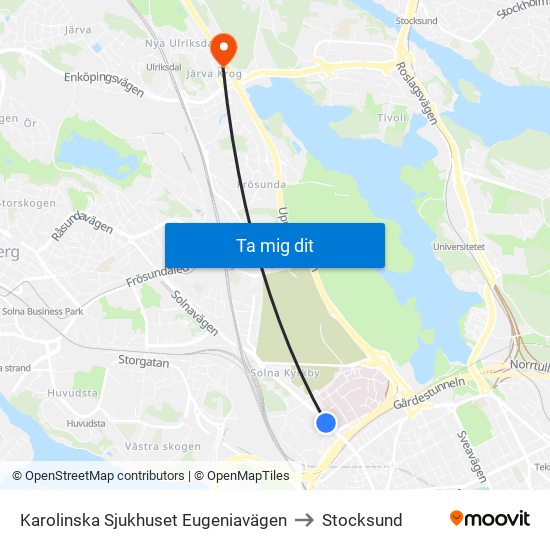 Karolinska Sjukhuset Eugeniavägen to Stocksund map