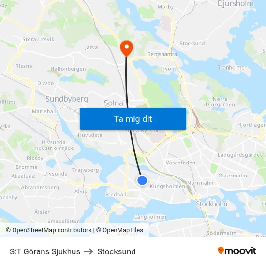 S:T Görans Sjukhus to Stocksund map