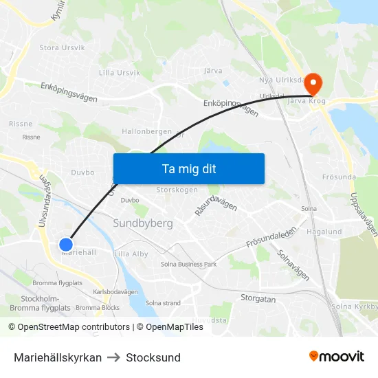 Mariehällskyrkan to Stocksund map